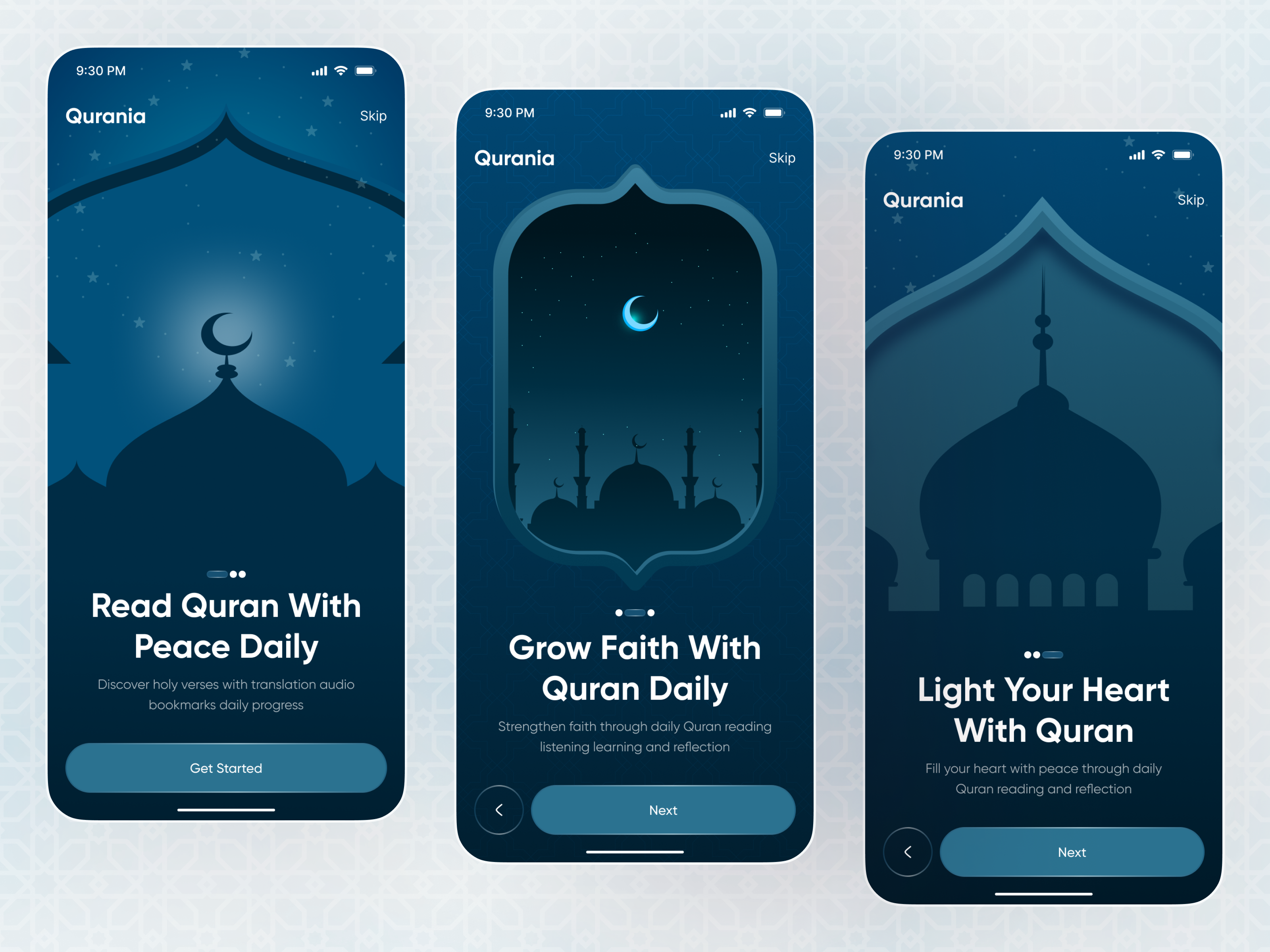 Quran App Onboarding UI — Peaceful Islamic Mobile Experience app app design app onboarding faith app ios islamic app mobile mobile app mobile onboarding onboarding onboarding flow onboarding screen onboarding ui product design quran app religious app splash screen ui design welcome screen
