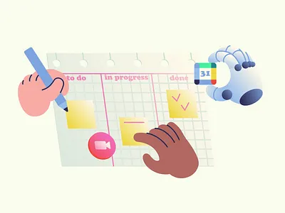 Kanban 2d after effects agile ai assistant ai integration animation digital board hand animation kanban motion design motion graphics robot hand scrum sticky notes synergy tasks manegement teamwork workflow