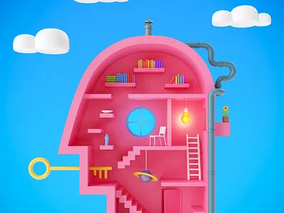 Personal space 3d abstract art blender brain cartoon character colorful concept head home house human illustration modern print psychology render room surrealism
