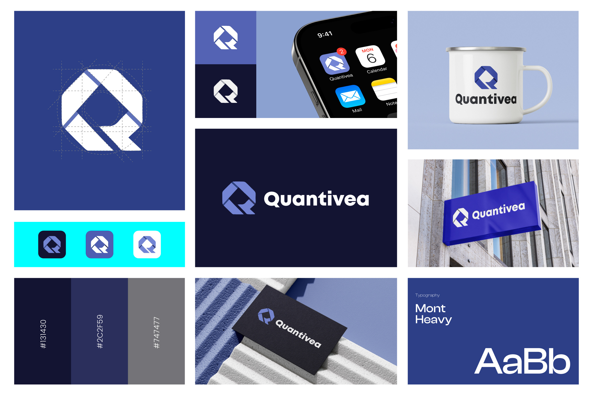 Quantivea Application Logo Design abstract lettermark logo brand identity design business intelligence branding clean typography corporate visual identity data analytics brand digital product identity enterprise software branding geometric logo design grid based design minimal logo presentation modern color palette modern logo system precision focused design professional brand sheet scalable logo system structured layout tech company identity technology branding ui ready branding