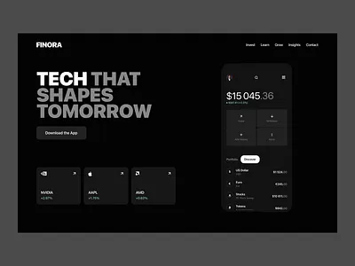 Finora scrolling page app presentation banking app crypto app dark ui dribbble shot finance dashboard financial dashboard financial ui fintech investment app investment platform minimal ui mobile app design portfolio tracking product design startup landing stock trading trading app ui ux design wealth management