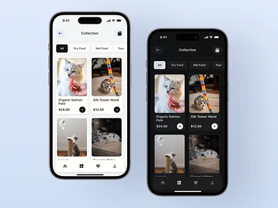 Quiet Purr — Product Collection appdesign branding cat cat lover darkmode dribbble ecommerce figma ios lightmode mobileapp pet lover petapp product design ui ui design ux ux design