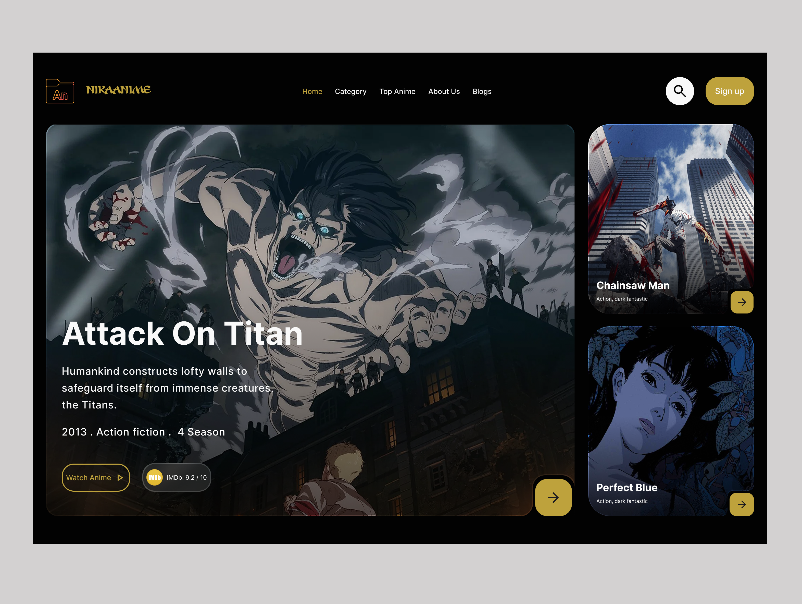 Anime Streaming Platform — Dark UI Web Design animeui attack on titan darkui landingpage streamingplatform ui webdesign