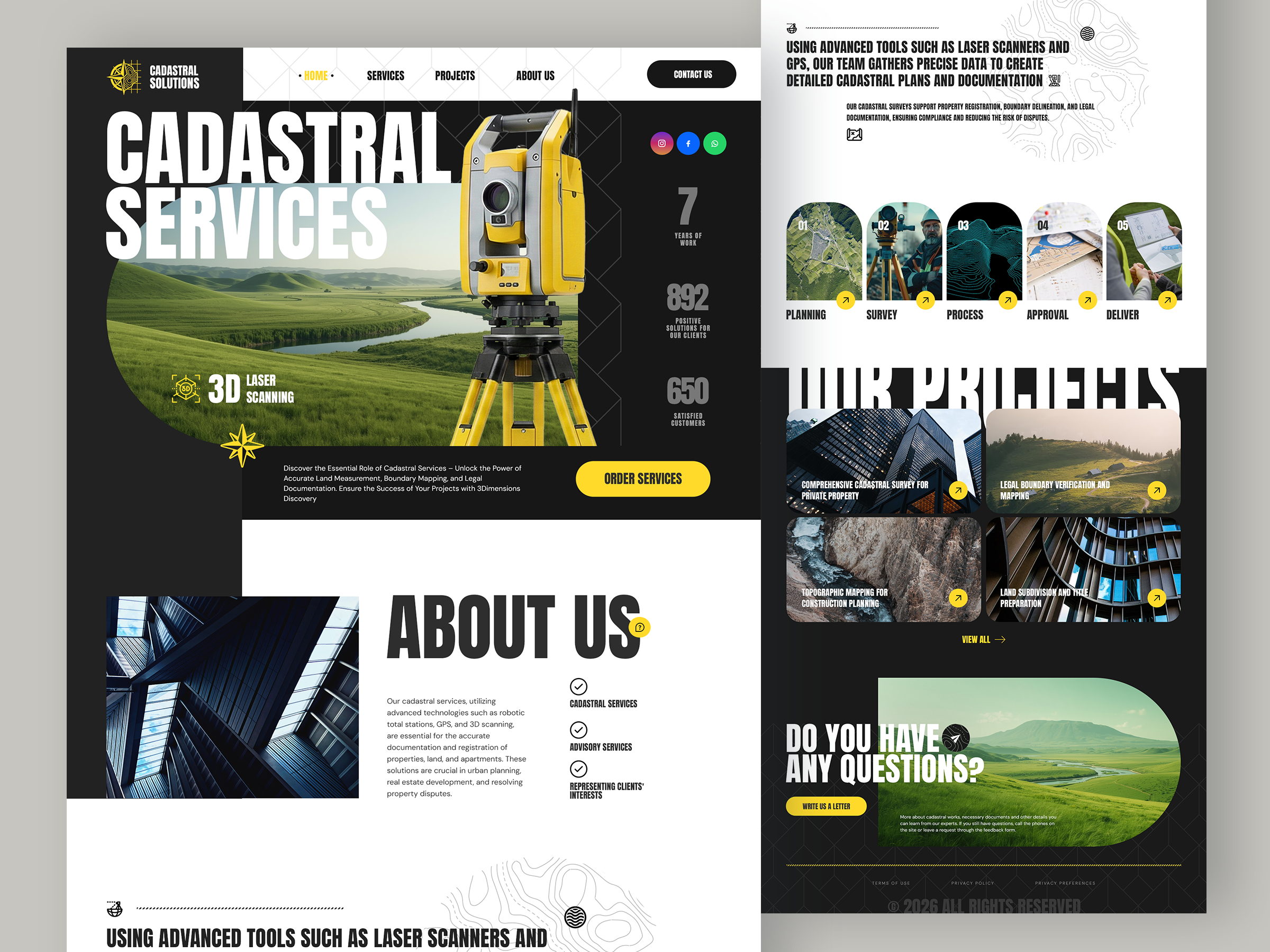 Cadastral Services — Corporate Website Design architecture ui business website cadastral services construction industry corporate website dark ui engineering website gis homepage industrial design land surveying mapping modern web professional services service website technology design topography ui design ux design web design