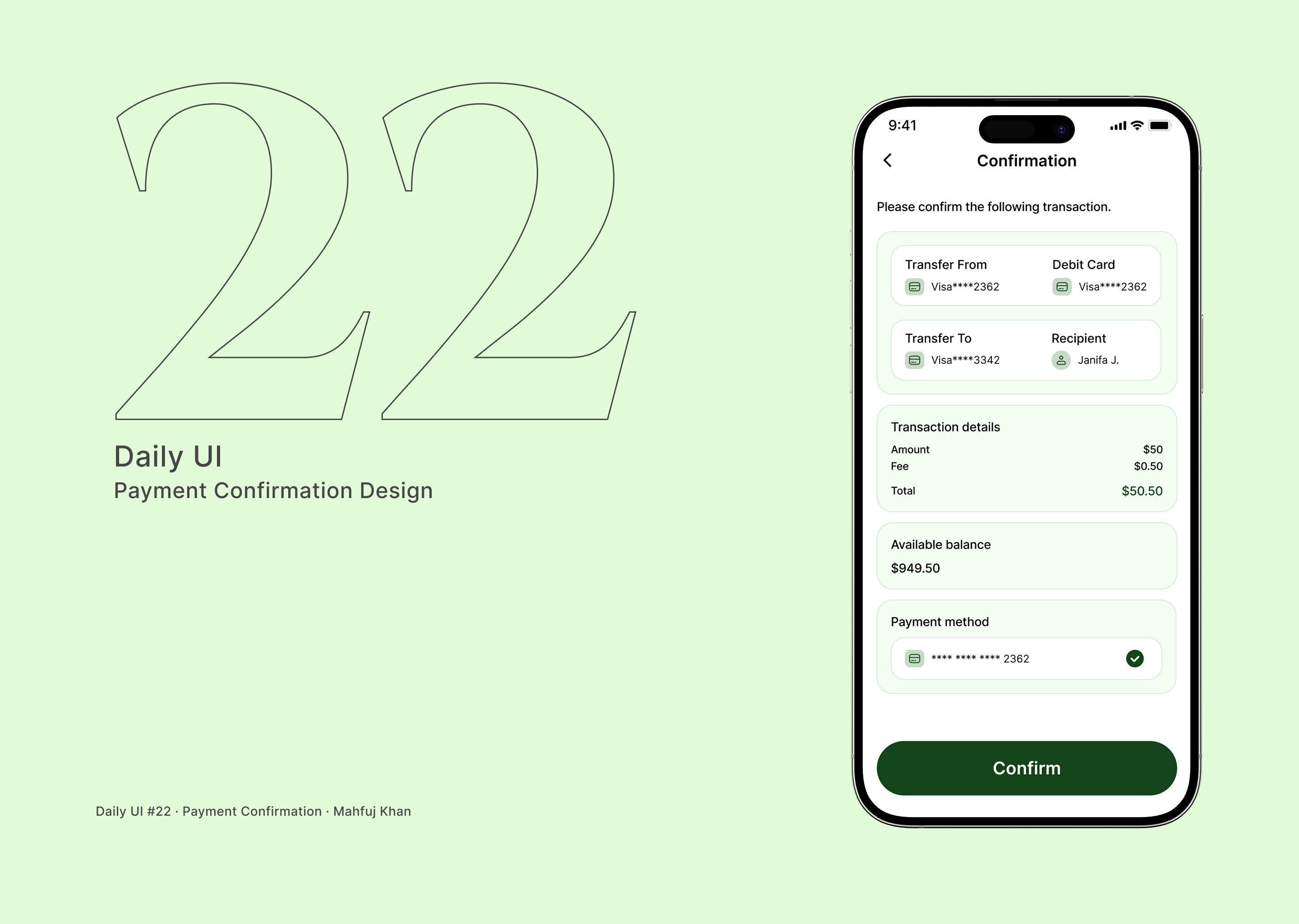 Daily UI #22 — Payment Confirmation Design banking app confirmation screen dailyui dailyui22 figma finance app fintech ui interface minimal mobile ui payment confirmation transaction screen uidesign ux design