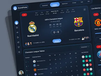 Live Sports Dashboard UI Design admin dashboard analytics dashboard dark ui dashboard design data visualization football app kpi tracking live scores minimal design minimal interface modern interface modern ui product design real time analytics responsive design saas dashboard sports dashboard ui design ux design web dashboard