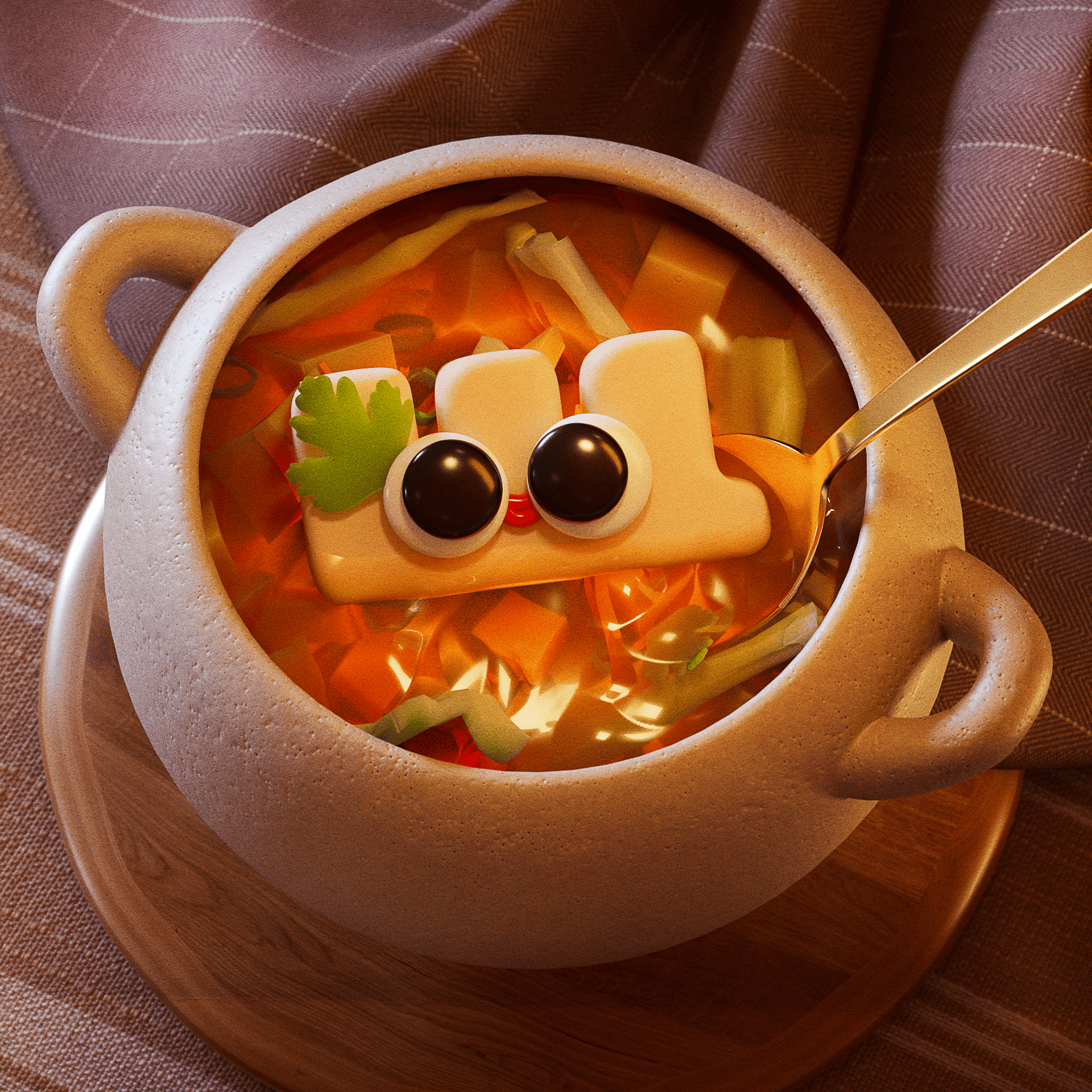 Letter Щ — 3D Alphabet Series 3d 3s soup bowl 3d carrot 3d chopped veggies comfort food cozy lunch dish food design hot soup lettuce lunch 3d motion graphics parsley pipkin spoon 3d tureen vegetables veggie bowl veggies 3d