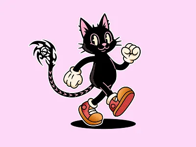 Midnight Strut - Character Illustration 1930s style 2d art black cat branding cat illustration character design creative halftone iconography linework mascot pop art retro rubber hose silhouette sneakers streetwear art tribal pattern vector art vintage cartoon