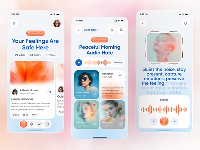 Mental Health App UI — Voice Notes & Emotional Journaling UI app app design design ios journaling app mental health mental health app mindfulness app mobile mobile app product design self care app ui ui design voice note voice note app wellness wellness app