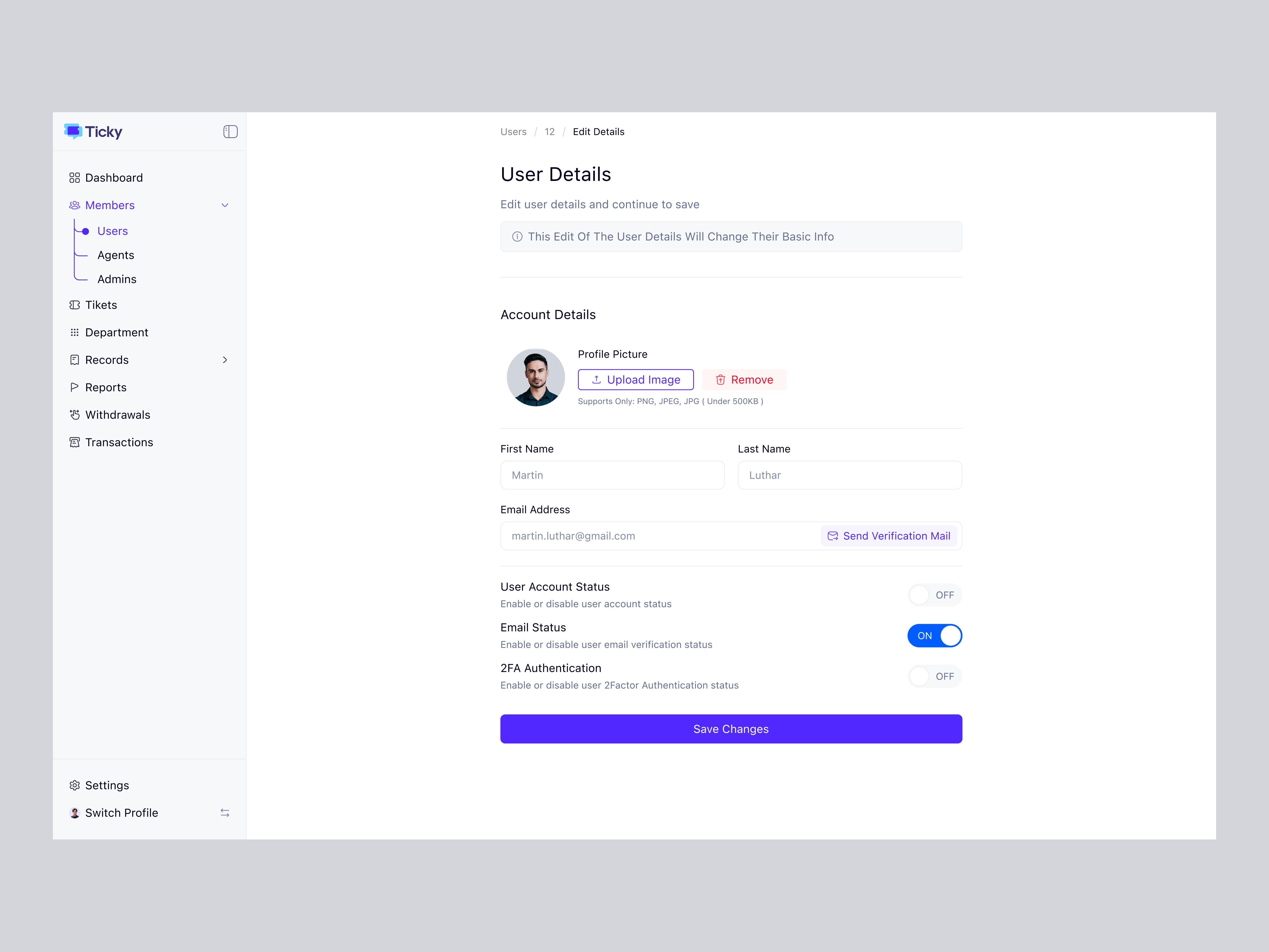 User Profile Management UI/UX Design for SaaS Platform - Ticky account management admin dashboard admin panel backend design clean ui dashboard ui member management modern dashboard panze studio product design profile settings saas saas dashboard ui design user interface user management user profile ux design web app web design