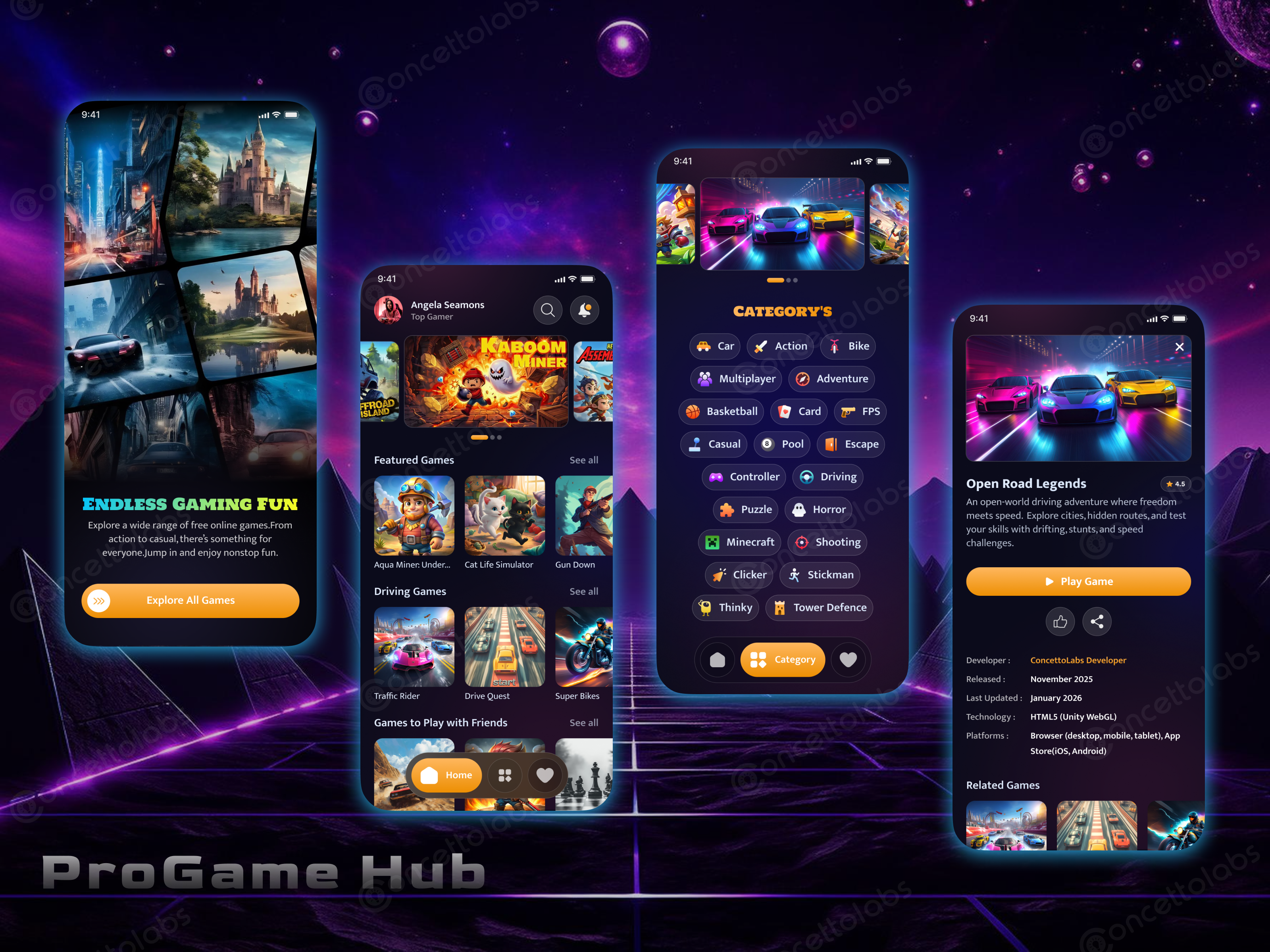 ProGame Hub – Gaming App UI app ui ux dark ui gaming game discovery ui game hub app gaming app ui gaming interface mobile gaming dashboard neon ui design