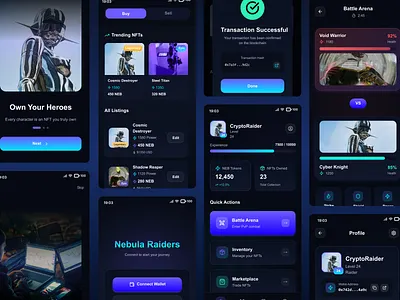 Nebula Raiders – Web3 Game Mobile App UI (NFT · Crypto · PvP) blockchain crypto dark ui dashboard design figma futuristic ui game ui gaming app mobile app design mobile ui nft product design ui ux web3