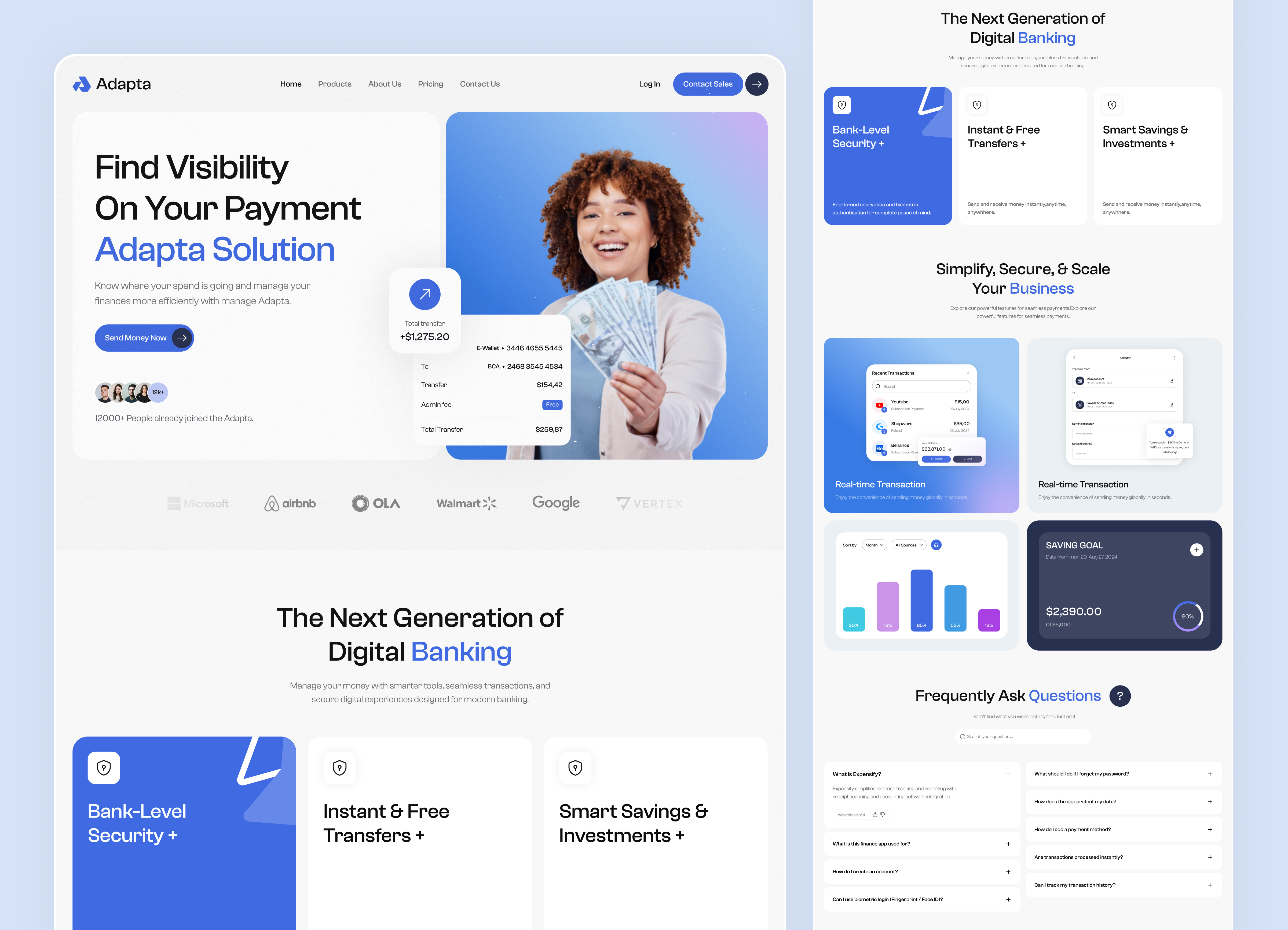 Adapta — Digital Banking Website UI banking banking app digital banking finance finance app finance website financial fintech interface investment landing page modern fintech money product saas website ui design ux design web design website website design