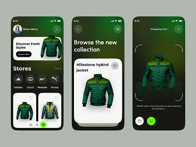 Milestone — A Premium Shopping Experience App UI app design clean ui clothing app dark mode e commerce fashion app interface luxury shopping mobile mobile app mobile app design modern ui neon online shopping product design shopping app streetwear uiux user experience visual design
