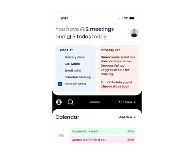 Todos - Split View Navigation Light Mode calendar calendar view clean dashboard grocery list headline list list of tasks meetings mobile mobile design navigation profile split mobile view task task view tasks todo