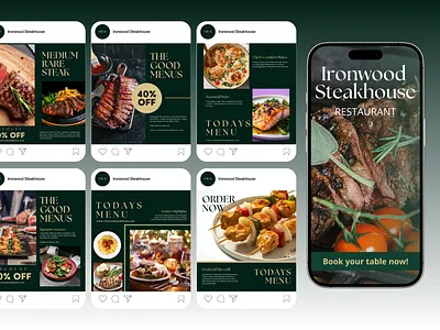 Ironwood Steakhouse — Instagram Templates for Restaurants brand design branding templates content templates graphic design hospitality design instagram design instagram posts instagram templates marketing templates menu design promotional design restaurant branding restaurant design restaurant marketing social media branding social media marketing social media templates steakhouse typography visual identity