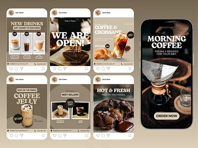 Oak & Bean — Instagram Templates for Coffee Shops brand design branding templates cafe branding coffee shop design content templates food and beverage design graphic design hospitality design instagram design instagram posts instagram templates marketing templates promotional design restaurant templates small business branding social media branding social media marketing social media templates typography visual identity