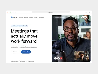Syncly – Smart Meetings SaaS Hero Section Design clean design hero section landing page meetings minimalist productivity saas startup teamwork tech ui ux video call web app web design
