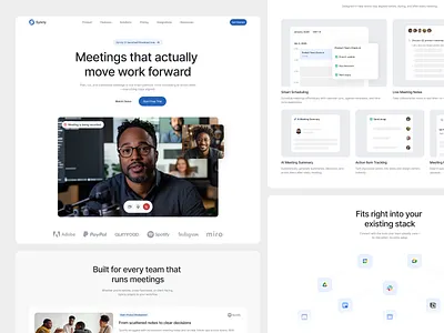 Syncly - Smart Meetings SaaS Design Section bento card clean collaboration design design section feature section hero section integration section landing page meeting apps minimalist productivity saas startup teamwork ui user interface ux video call web design