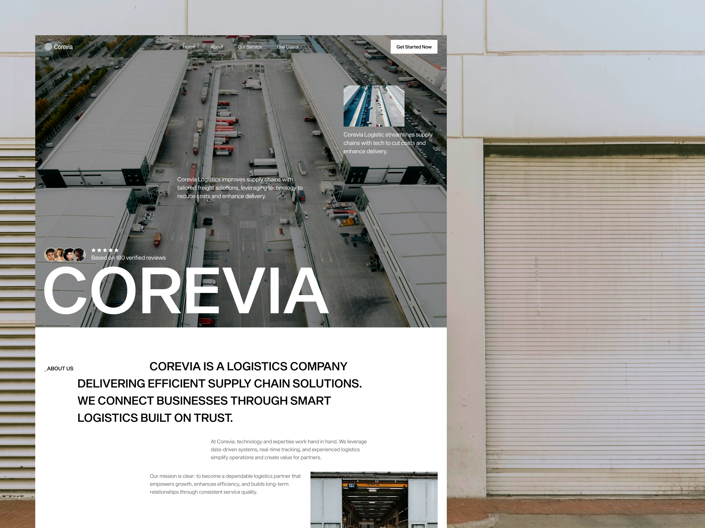 Corevia - Logistic Company Landing Page b2b website bold typography business branding clean layout corporate editorial editorial design enterprise website image driven design industrial editorial landing page design large typography logistics branding logistics website minimal ui modern corporate modern web layout monochrome style professional design supply chain design website concept