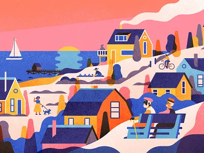 Retirement Bliss adobe brush character editorialillustration grain house illustration muti photoshop pink refection retirement simplifies summer sunset texture warm water