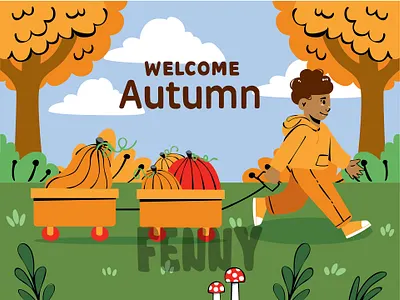 Cartoon Boy Pulling a Cart Full of Pumpkins autumn background beautiful botanical celebration fall foliage forest landscape leaf leaves maple nature orange outside paisaje panoramic seasons tree woods