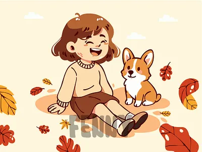 Cartoon Illustration of Girl and Dog Sitting on Autumn Leaves autumn background beautiful botanical celebration fall foliage forest landscape leaf leaves maple nature orange outside paisaje panoramic seasons tree woods