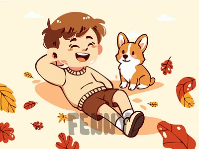 Cartoon Boy and His Dog Lying on Autumn Leaves autumn background beautiful botanical celebration fall foliage forest landscape leaf leaves maple nature orange outside paisaje panoramic seasons tree woods