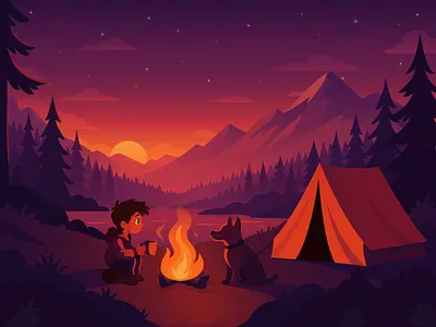 The best friends adobeillustrator boy camping character colors dog forest friend illustration illustrator mountains nature night vector