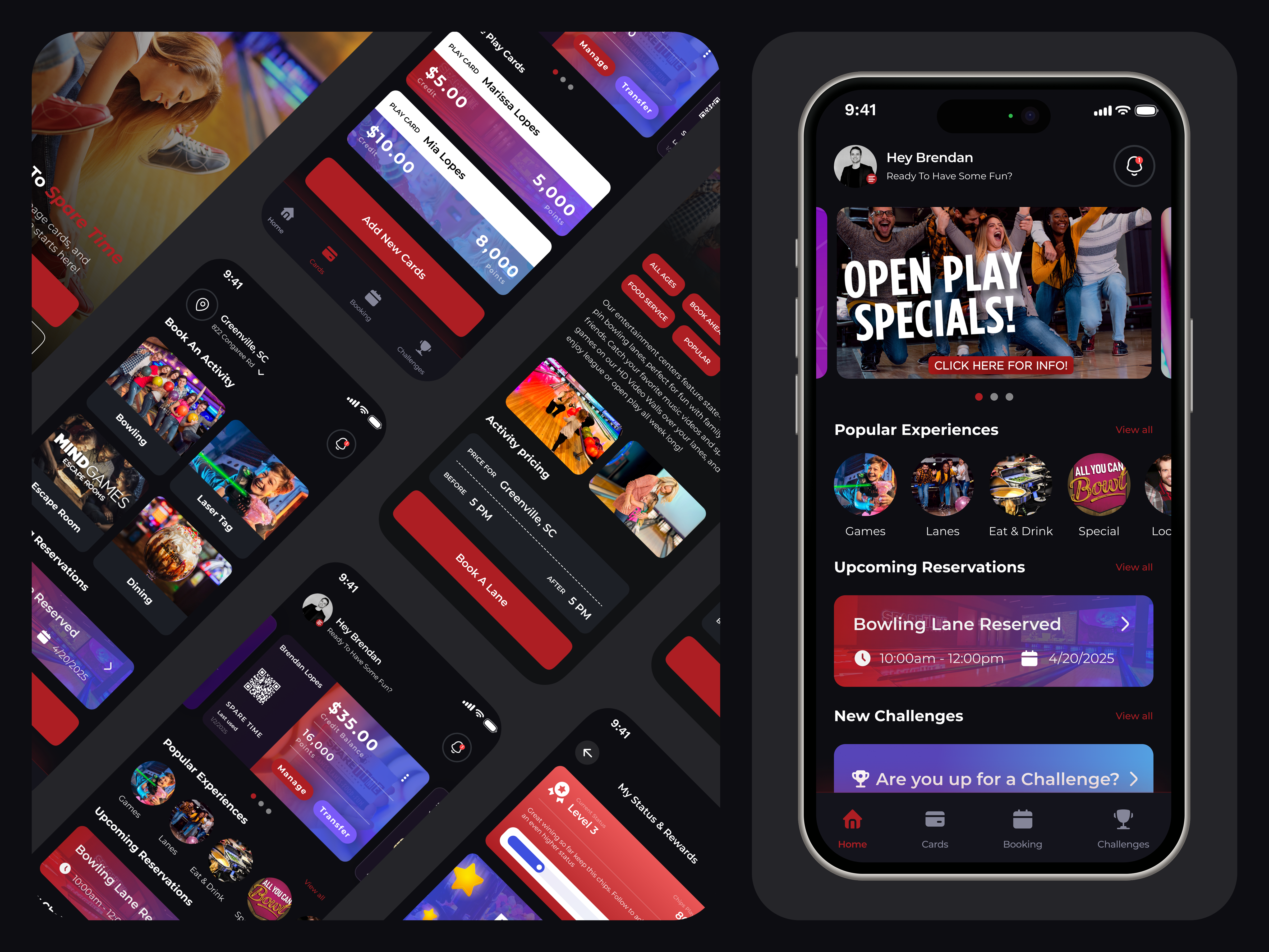 Spare Time Bowling and Kids Games Mobile App UI UX Design book games bowling bowling app bowling app ui ux bowling lane reserved date night special games kids arena kids games app kids playing arena laser tag laser tag app laser tag mobile app mobile ui ux spare time app