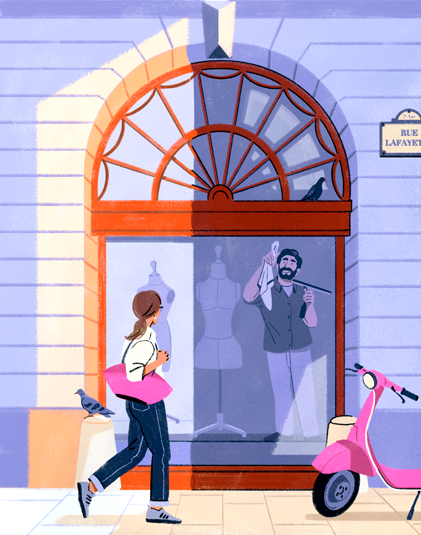 Let's shop bird graphic design illustration people shopping street window