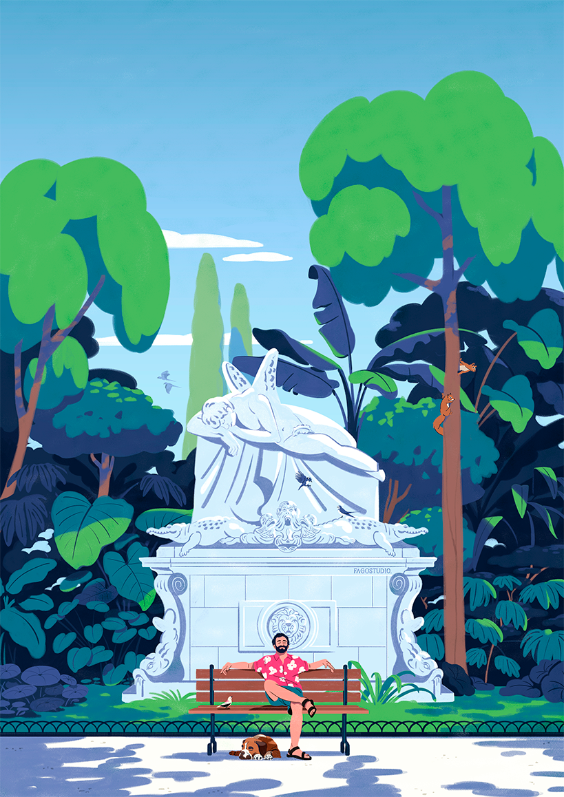 Nimes s'illustre bench dog fagostudio garden illustration lazy people statue street