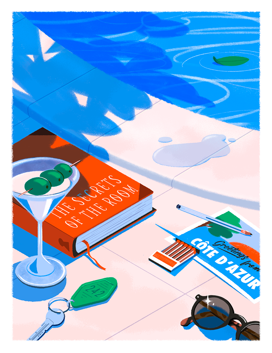 The secrets of the room card cocktail colours fagostudio glasses illustration isometric keys swimming pool