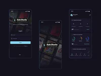 Slab Sharks Mobile App UI/UX animation auctions dark theme graphic design mobile app ui uiux design ux