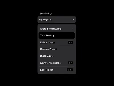 Project Settings Dropdown / Dark Mode component dark theme design designer dropdown figma minimal modern ui uiux uiuxdesign ux