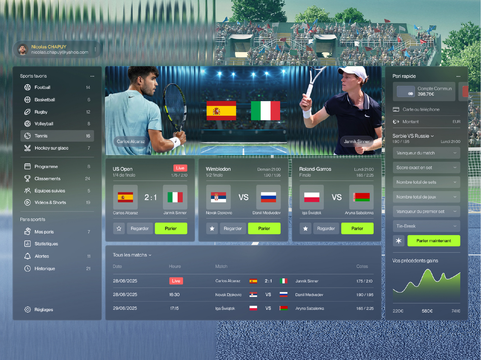 Sports Dashboard - UI design dark ui dashboard design dashboard ui dashboard ui design dashboard visualization figma glassmorphism glassmorphism dashboard interface interface design sports app sports dashboard sports data ui uiux design ux webdesign website yahoo yahoo rebranding