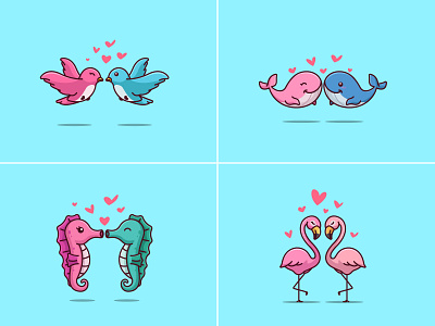 Cute animal couple fall in love 🐋🦢 🦩 🕊 animal couple animal love birds cartoon cute cute animal cutecartoon flamingo logo love mascot seahorse simple cartoon swan valentine