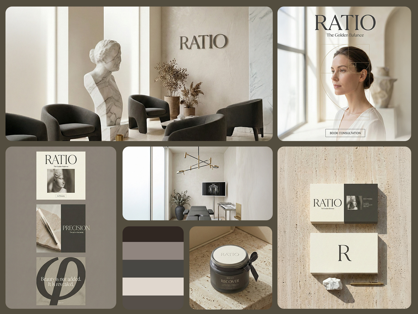 Ratio – Logo & Brand Identity for a Plastic Surgery Clinic aesthetic clinic branding brand identity brand system branding cosmetic cosmetic logo design golden ratio healthcare branding healthcare identity illustration logo logo design luxury medical branding minimal identity mockup plastic surgeon premium brand typography