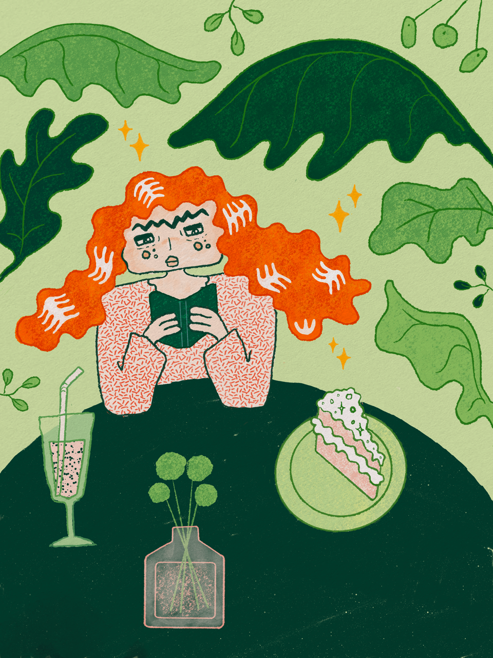 Read books not AI - Digital illustration 2026 bande dessinée books bookworm cake comics forest ginger girl green illustration illustrator irish jungle leaves milkshake orange procreate reading red hair trees