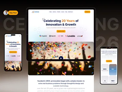 SJI 20 - Year Milestone Landing Page agency website ai design case study celebrate website corporate website design fantech design home page landing page 2026 landing page ui design milestone landing page product design responsive design sj innovation website sji startup website ui design ui trends web design website design year milestone