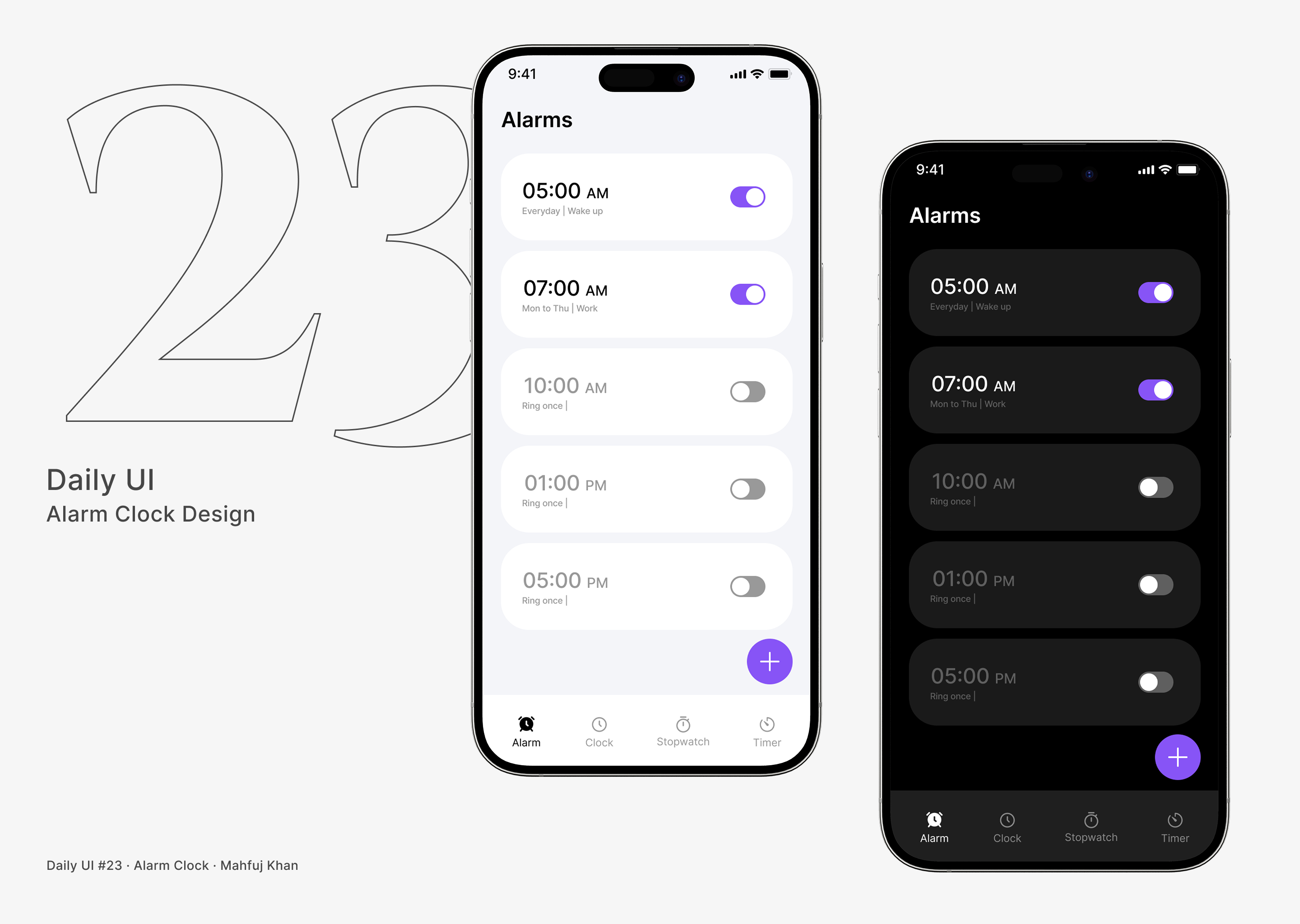 Daily UI #23 — Alarm Clock Design alarm clock alarm ui clock app dailyui dailyui23 dark mode figma interface light mode minimal mobile ui time management uidesign ux design