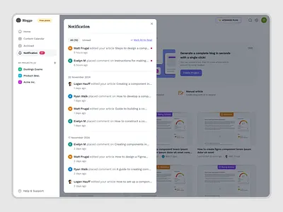 Bloggo — Notifications Panel for SaaS Blog AI Platform ai articles blog content creation homepage notification pop up product design saas saas design seo tools site builder ui ux web app web builder web design