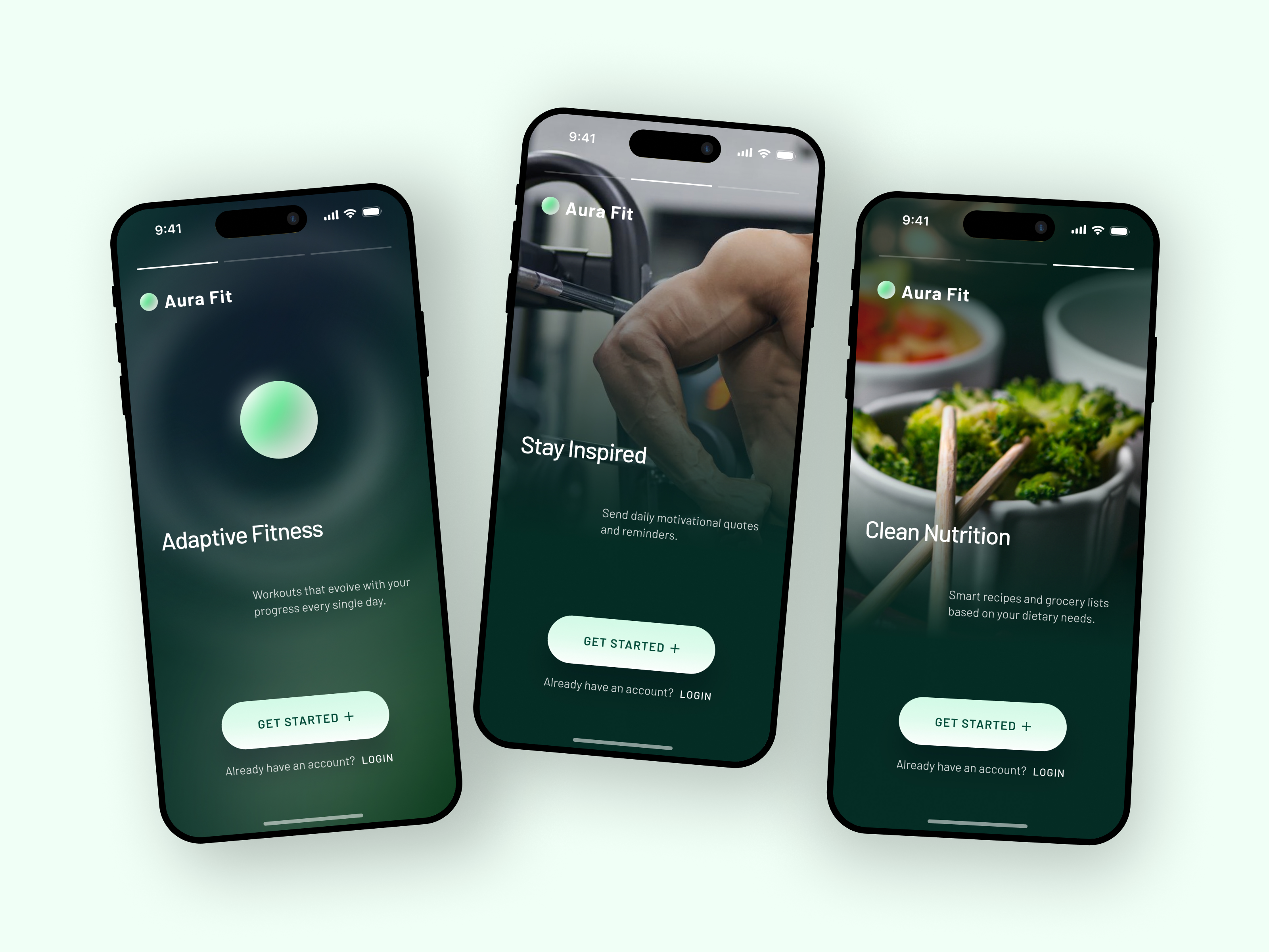 Aura Fit — AI-Powered Fitness & Nutrition Chat App Onboarding ai chatbot ai fitness aura fit conversational ui design fitness chat health tech ios design mobile app ui nutrition app ui onboarding design personal trainer ai product design saas design uiux design workout app