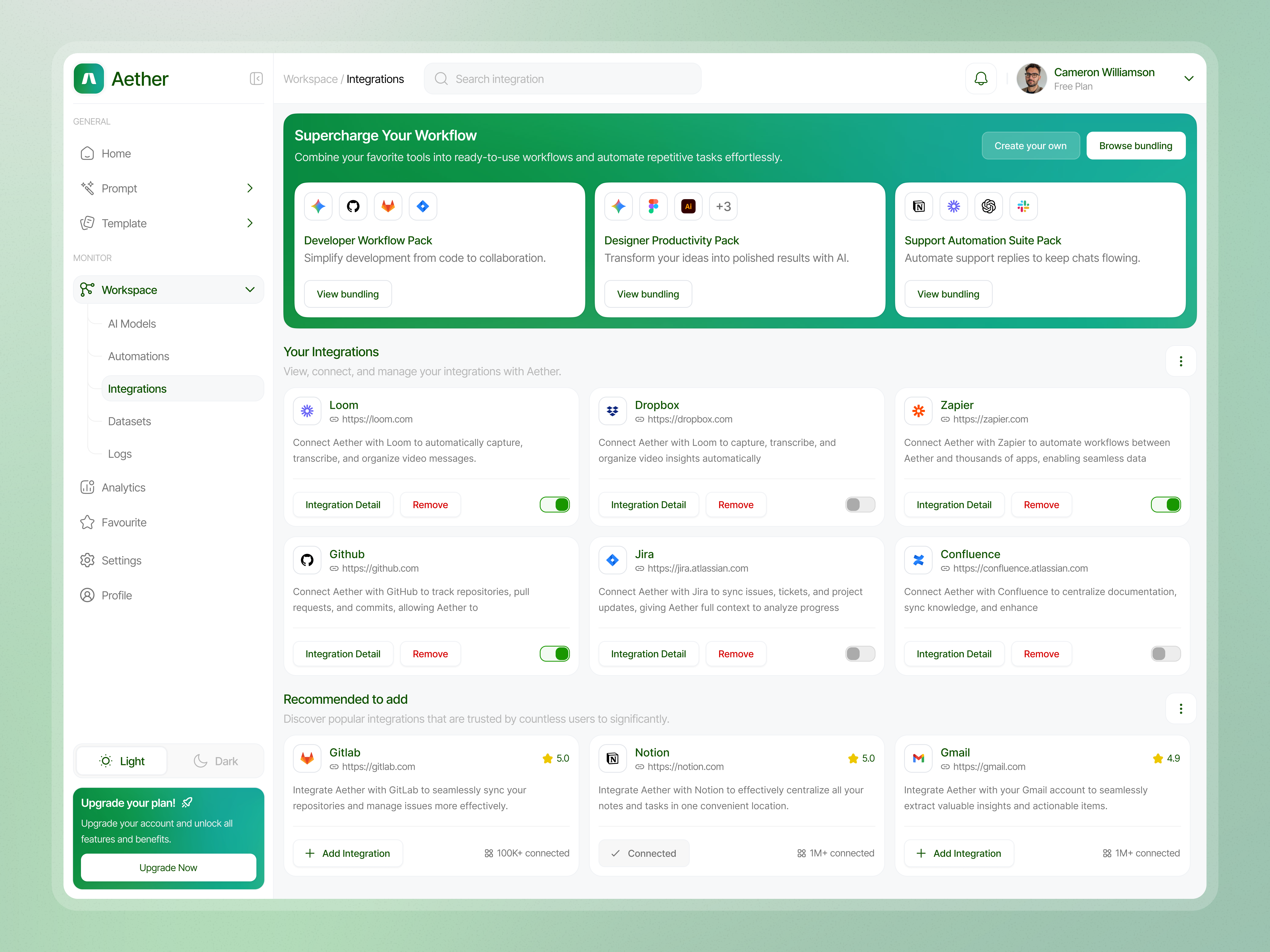 Aether - Integrations Page card clean dashboard design integration library integrations product product design saas saas product settings sidepanel toggle ui uiux user ux web app web app design