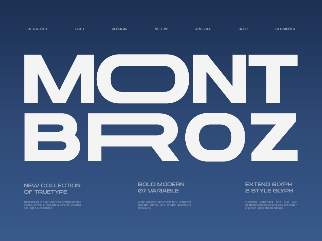 TRT Mont Broz — Bold Modern Sans Display Typeface bold font branding branding font clean design display font elegant extended font font font family geometric graphic design headlines modern variable font
