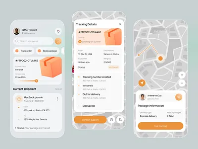 Smart Parcel Tracking Mobile App app design app ui courier service app delivery app ui delivery management live tracking app logistic app map based tracking mobile app design modern mobile ui package delivery parcel tracking shipment tracking ui tracking tracking app ui design uiux design