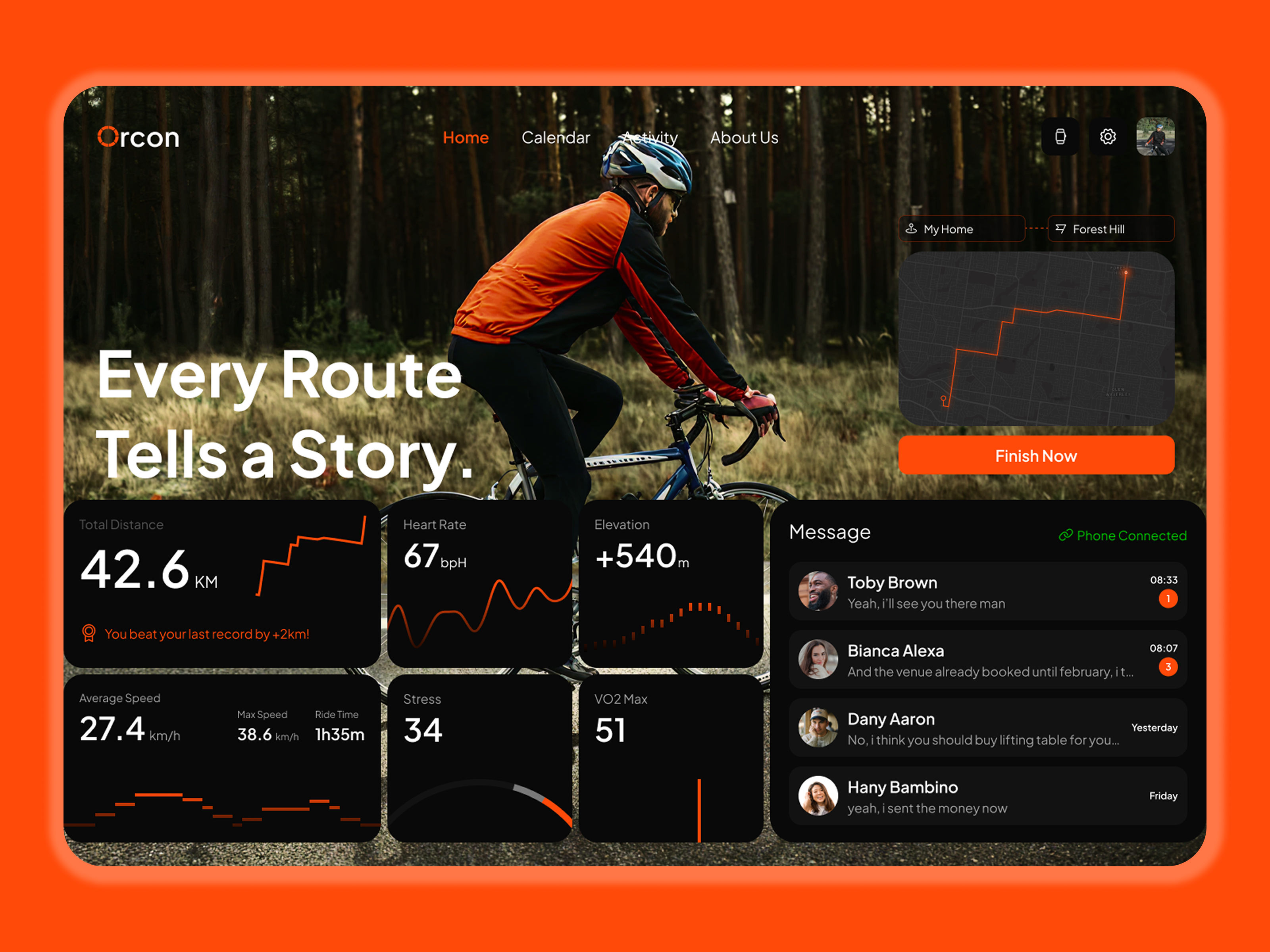 Cycling Activity Dashboard UI — Performance & Route Tracking activitytrackingui creativeui cyclingappui cyclingdashboard darkui dashboarddesign datavisualization digitalexperience figmadesign fitnessdashboard healthtech modernui performanceanalytics productdesign saasdesign sportstech uidesign uiuxdesign uxdesign webui