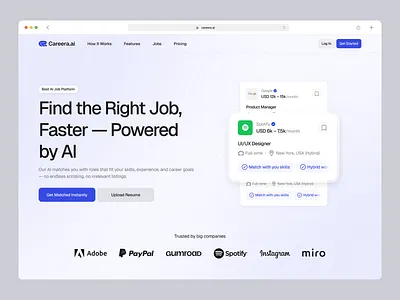 Careera – AI Job Matching Platform Hero Section Design ai career clean design hiring hr tech job platform landing page minimalist product design saas startup tech ui ux web app web design