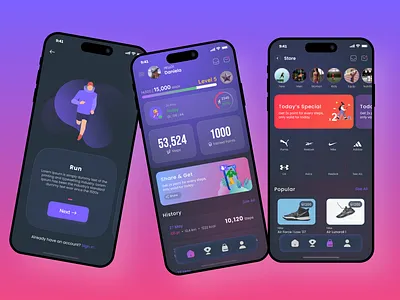 Run & Earn Fitness Mobile App UI — Gamified Wellness Experience activitytracker androidappdesign creativeui darkui digitalexperience figmadesign fitnessappui gamifiedfitness iosappdesign lifestyleapp marketplaceapp mobileuidesign modernui productdesign runningapp saasdesign uidesign uiuxdesign uxdesign wellnessapp