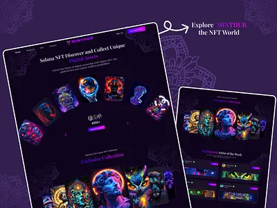 MINT HUB – Premium Futuristic NFT Marketplace UIv art platform blockchain digital art digital assets figma design graphic design landing page logo marketplace design modern web design neon ui nft marketplace product design saas design solana ui ui ux user interface web3
